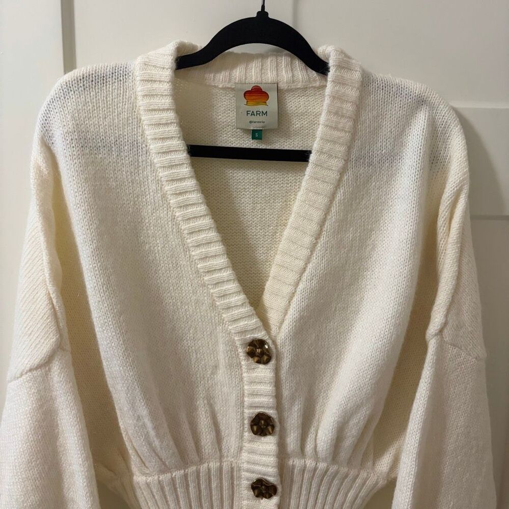 Farm Rio Ribbed Goldtone-Buttoned Cardigan Off White Size S - Picture 4 of 13